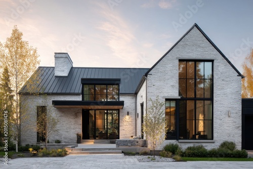 A contemporary house featuring expansive windows and a stunning stone facade, beautifully illuminated during twilight with warm light shining from within