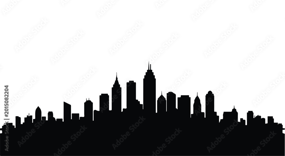 Fototapeta premium Skyscrapers form a dense urban skyline silhouette against a plain white background for architectural projects.