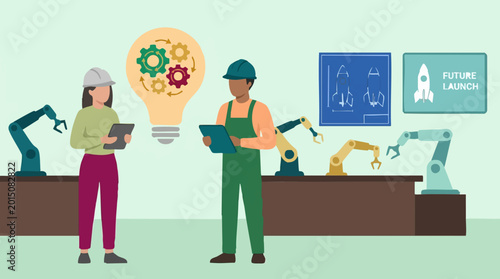 Engineers collaborating on industrial innovation, robotics, and future technology development