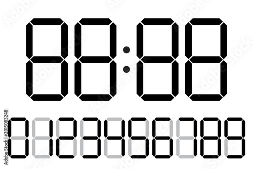 Digital clock numbers set and seven segment display vector. Great for electronic interfaces and timer graphics projects.