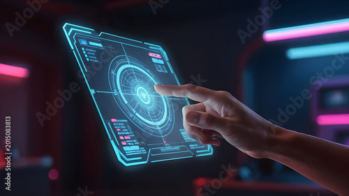 Hand Using Futuristic Digital Touchscreen Interface in Neon Light Concept
