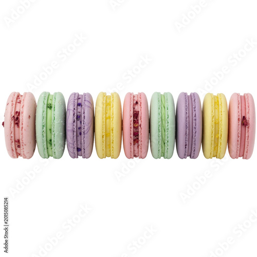 Colorful macarons isolated on transparent background, PNG cut out, pastel colors, sweet treat for desserts or bakery design.