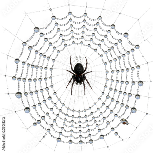 Black spider isolated on transparent background, cut out, with a detailed web design around it, PNG.
