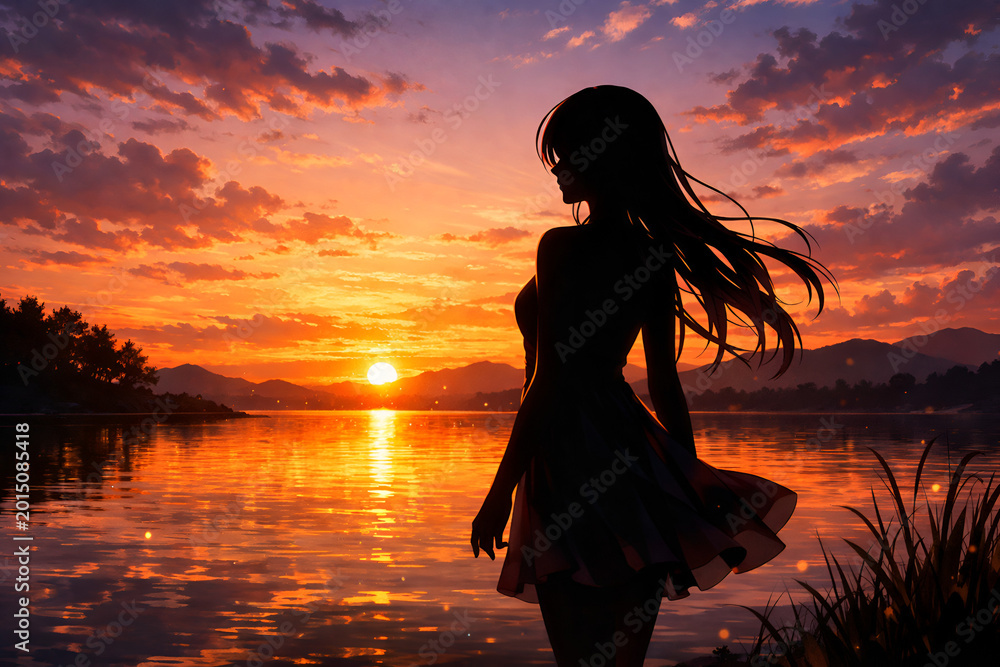 Fototapeta premium Beautiful Silhouette Of A Girl By A Lake At Sunset With Bright Sun Reflecting In Water