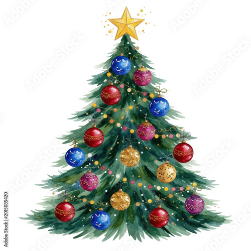 Christmas tree with colorful ornaments and a star isolated on transparent background, PNG cut out.