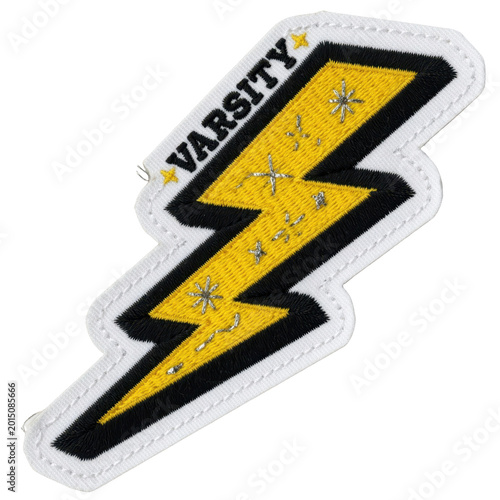 Yellow lightning bolt sticker isolated on transparent background, PNG cut out.