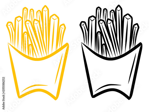 Hand-drawn French fries collection set. Illustration of French fries in a box. Fried fast food.