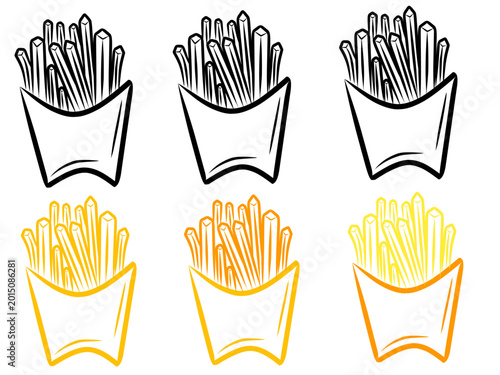 Hand-drawn French fries collection set. Illustration of French fries in a box. Fried fast food.