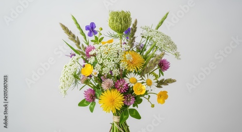 A rustic hand-tied bouquet composed entirely of common wild plants and meadow flowers, showcasing unexpected beauty in unwanted growth, growth, unexpected, studio shot