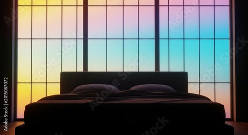 A striking black silhouette of a large bedroom bed framed by bright morning light spilling through a large window. Peaceful and restful scene, abstract, cozy, architectural