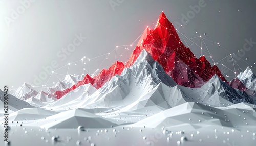Geometric mountain scene, red crystal peak, digital art, snow-covered landscape