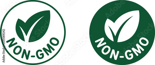 Non-GMO certified label icons with green leaf symbols for organic and natural food packaging