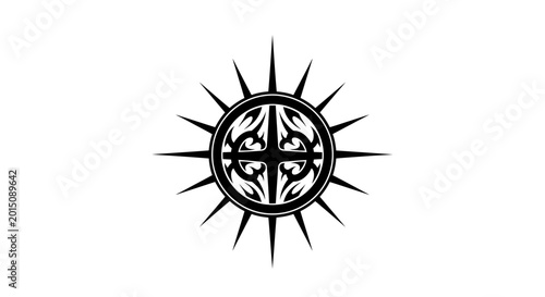 Billede på lærred Tribal sun emblem features intricate geometric patterns enclosed within a circular spike frame