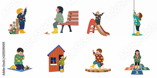 Tableau sur toile Set of illustrations depicting young children expressing sadness, crying, and frustration in various outdoor and indoor play settings