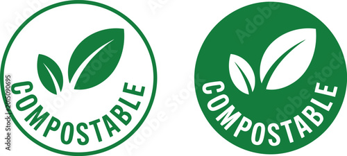 Compostable eco-friendly label icons with green leaf symbols for sustainable packaging and biodegradable products