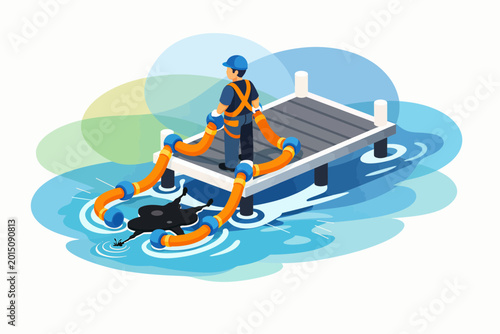 Professional environmental worker cleaning oil spill in water