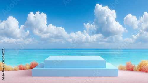A minimalist, two-tiered light blue pedestal sits on a soft pink sand beach, framed by colorful coral-like bushes. The background features a calm turquoise ocean under a bright blue sky filled 