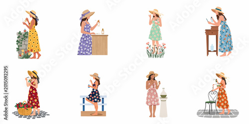 Konstfotografi Collection of illustrations showing elegant women in floral summer dresses and sun hats testing various perfumes and fragrances in outdoor settings