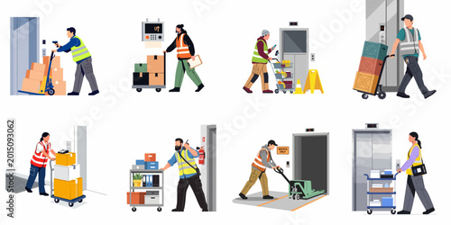 Tableau sur toile Set of vector illustrations showing warehouse and delivery workers transporting goods and cargo using service elevators and freight lifts