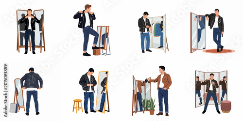 Canvastavla Collection of flat illustrations depicting a young man trying on various leather jackets in front of mirrors while shopping for stylish clothes