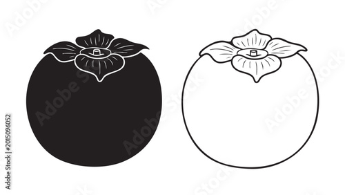 Fotografie Persimmon fruit silhouette and outline vector icon set
