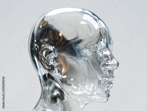 Transparent Glass Human Head with Reflective Surface on Minimal Background Conceptual Futuristic Portrait