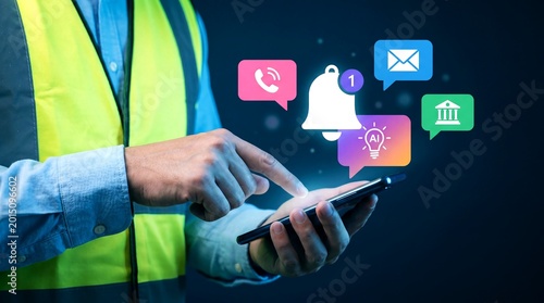 Industrial worker using smartphone with digital notification icons, construction engineer receiving mobile alerts, logistics manager tracking smart technology