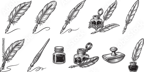 Collection of vintage quill pens, feathers, and inkwell icons, a hand-drawn vector set of classical writing tools in a detailed engraving style.