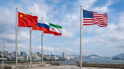 China Russia Iran Versus The USA as diplomatic flag symbols for trade partnerships and geopolitical cooperation as a summit meeting concept between Moscow Beijing and Tehran as a BRICS or alliance 