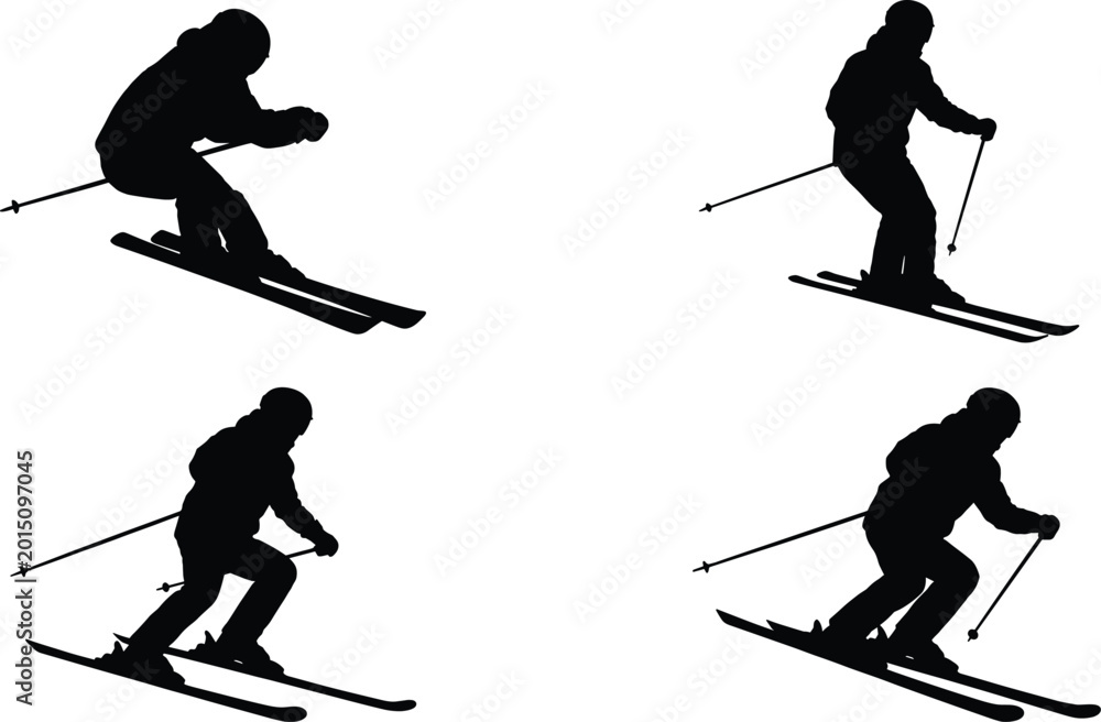 Fototapeta premium Professional set of black skier silhouettes in various downhill action poses with poles isolated on a white background