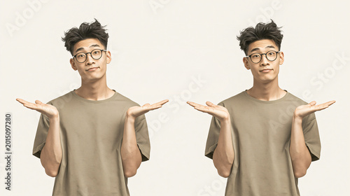 Doubt and Confusion Two Asian male express their uncertainty with open palms, eyeglasses and a noncommittal expression, set against an empty background. 