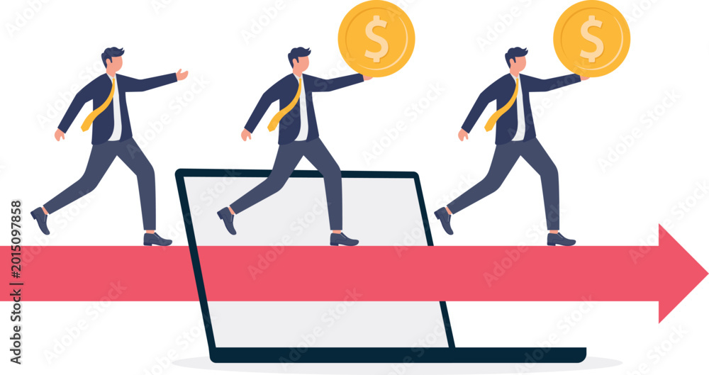 Fototapeta premium Team carrying profits and coins across laptop