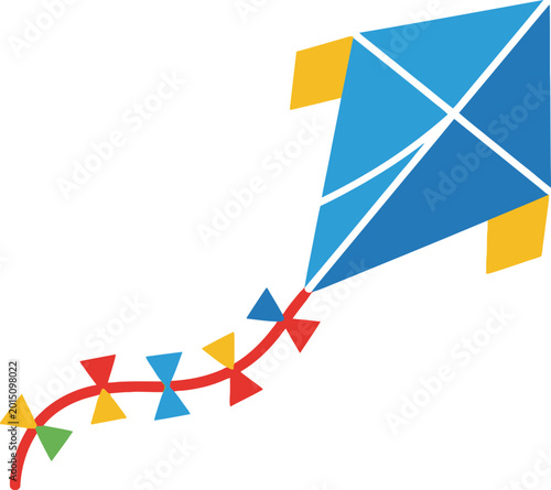 Minimalist blue kite design with a colorful tail, embodying the joyful freedom of childhood and the playful spirit of outdoor activities on a breezy day