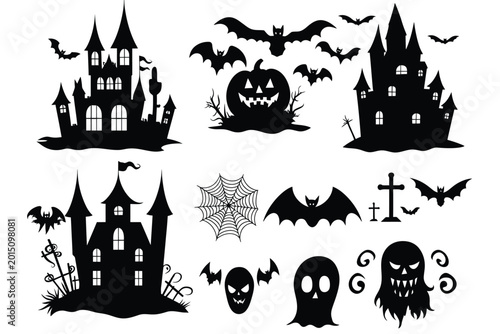 Halloween Silhouettes Collection Featuring Spooky Castle Bats Pumpkin and Ghost Vector Illustration on White Background.