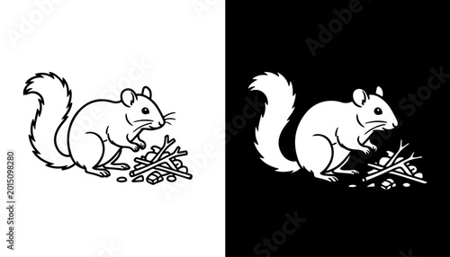 Tableau sur toile Playful Squirrels: Two delightful monochrome illustrations showcase an inquisitive squirrel beside a small collection of sticks and rocks, set against opposite backgrounds of black and white