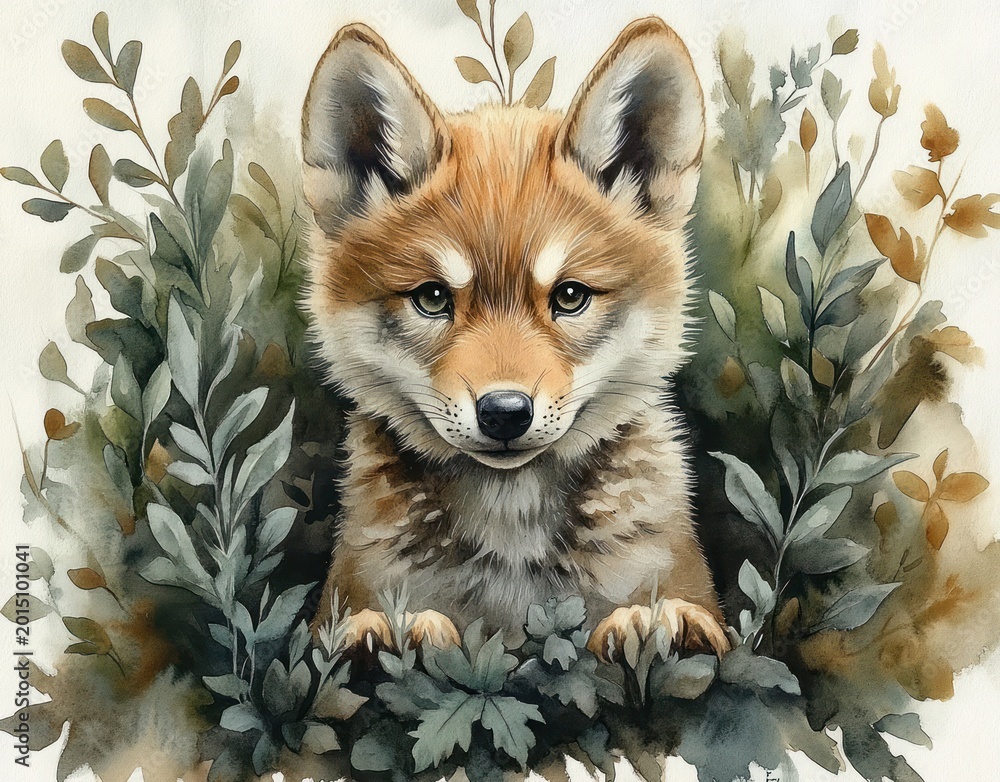 Obraz premium Curious young fox cub peeking through leafy green and brown foliage, front paws resting on leaves, soft watercolor portrait with gentle direct gaze and fluffy fur