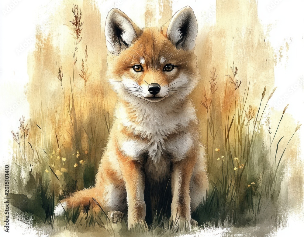 Obraz premium young red fox sitting among tall grasses and small wildflowers with a calm, curious gaze in warm watercolor tones