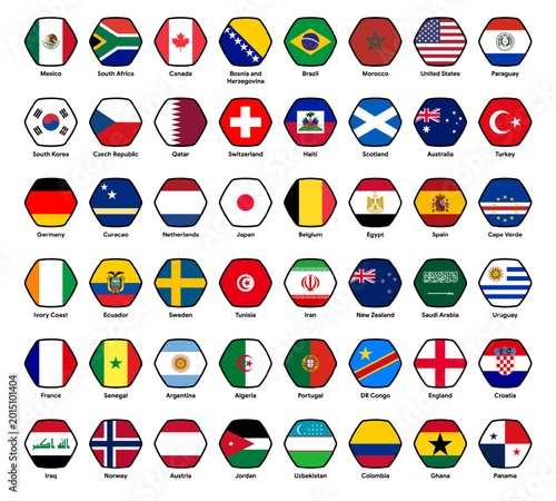 National flags participating teams ready-to-use for 2026 world football soccer final tournament event and media with rounded hexagon