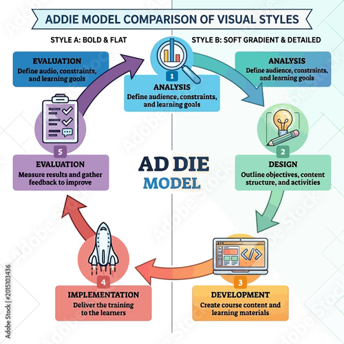 Educational model comparison infographic showcasing learning goals, analysis, design, development, implementation, and evaluation stages.