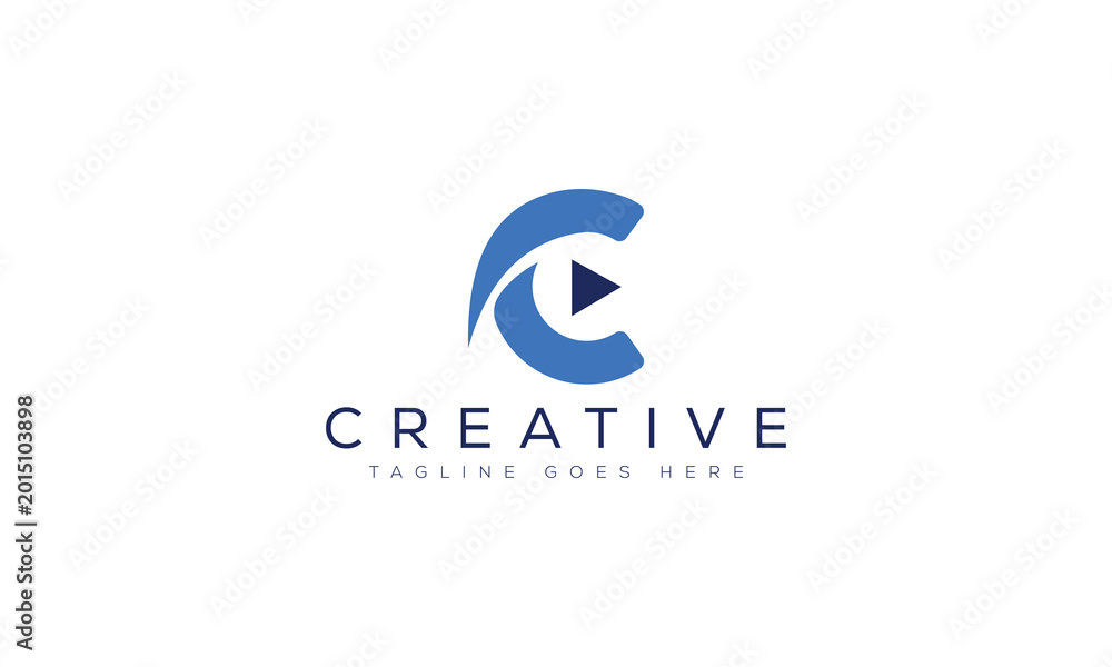Fototapeta premium Abstract blue letter c logo with play button icon for media or tech company