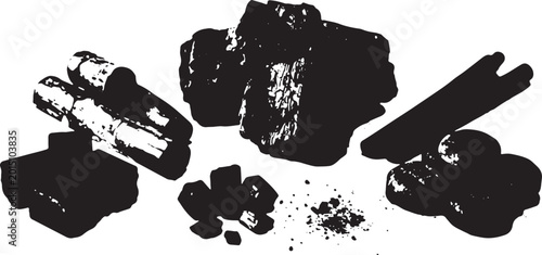Fotografía Coal pieces and fragments silhouette on a white background black and white graph