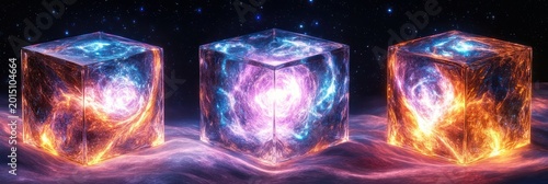 Three glowing transparent cubes containing swirling cosmic nebulae and fiery energy cores above a wavy surface under a starry sky, evoking wonder and mysticism