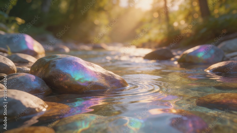 Naklejka premium Stream with iridescent rocks in forest