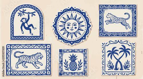 Photography Blue and white decorative tiles with animal and botanical illustrations vintage