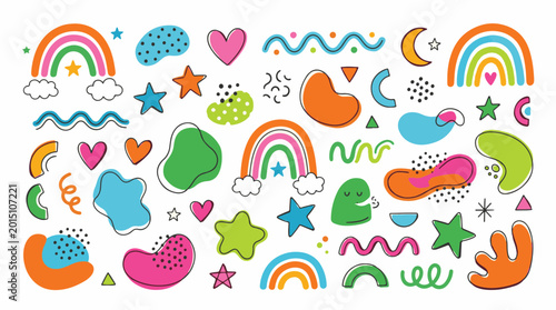 Photos Colorful hand drawn doodle pattern with rainbows hearts stars and clouds on whit