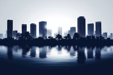 Silhouetted modern skyline of highrise buildings and palm trees reflected on calm water at sunrise, serene tranquil urban waterfront scene