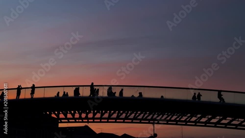 Silhouetted Modern Footbridge at Urban Twilight With Bird in Flight