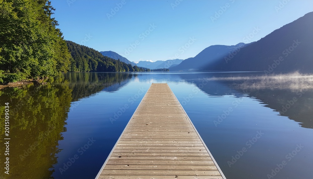 Fototapeta premium Wooden Dock Extending into a Serene Mountain Lake on a Clear Day.