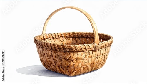 A handwoven wicker basket with a curved handle, crafted from light brown natural fibers, showcasing traditional weaving patterns, rustic charm, and functional design on a clean white background.