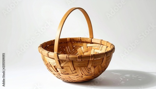 A handwoven wicker basket with a curved handle, crafted from light brown natural fibers, showcasing traditional weaving patterns, rustic charm, and functional design on a clean white background.